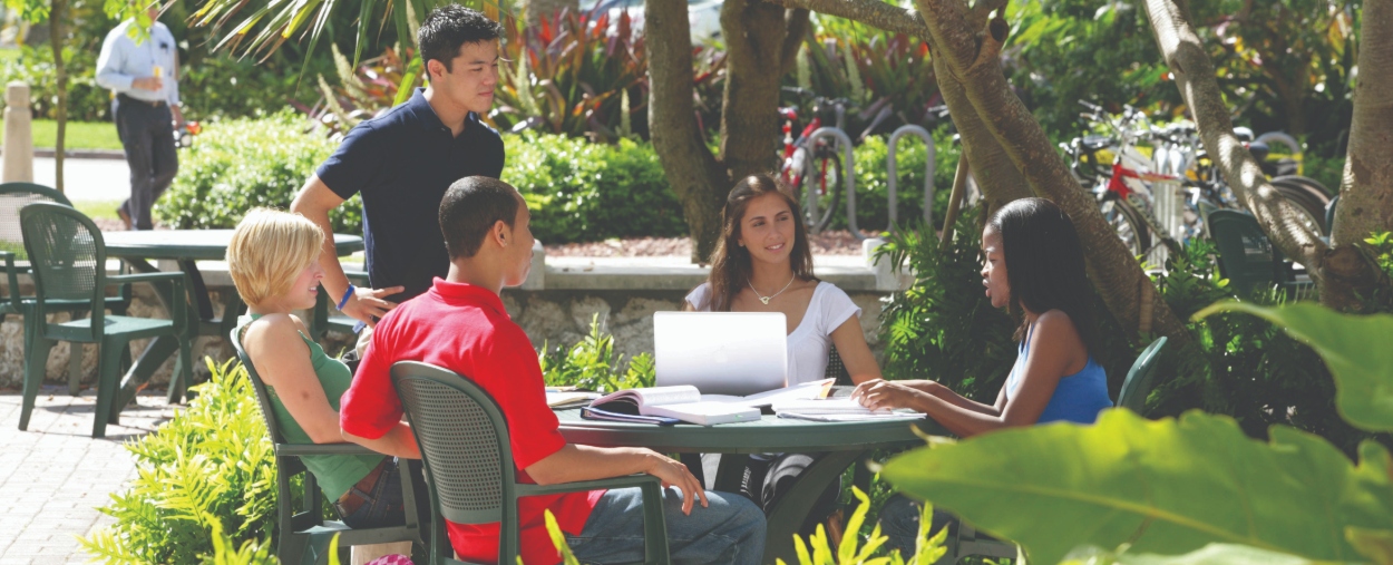 Students discussing around an outdoor table